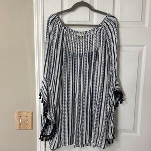 Studio West Navy & White Striped Off-Shoulder Boho Tunic